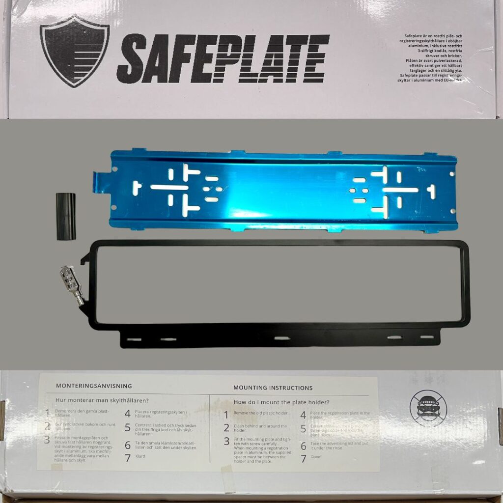 SafePlate premium 2-pack konsumentförpackning i robust hårdpapp med eurohål för spjutupphängning i butik.