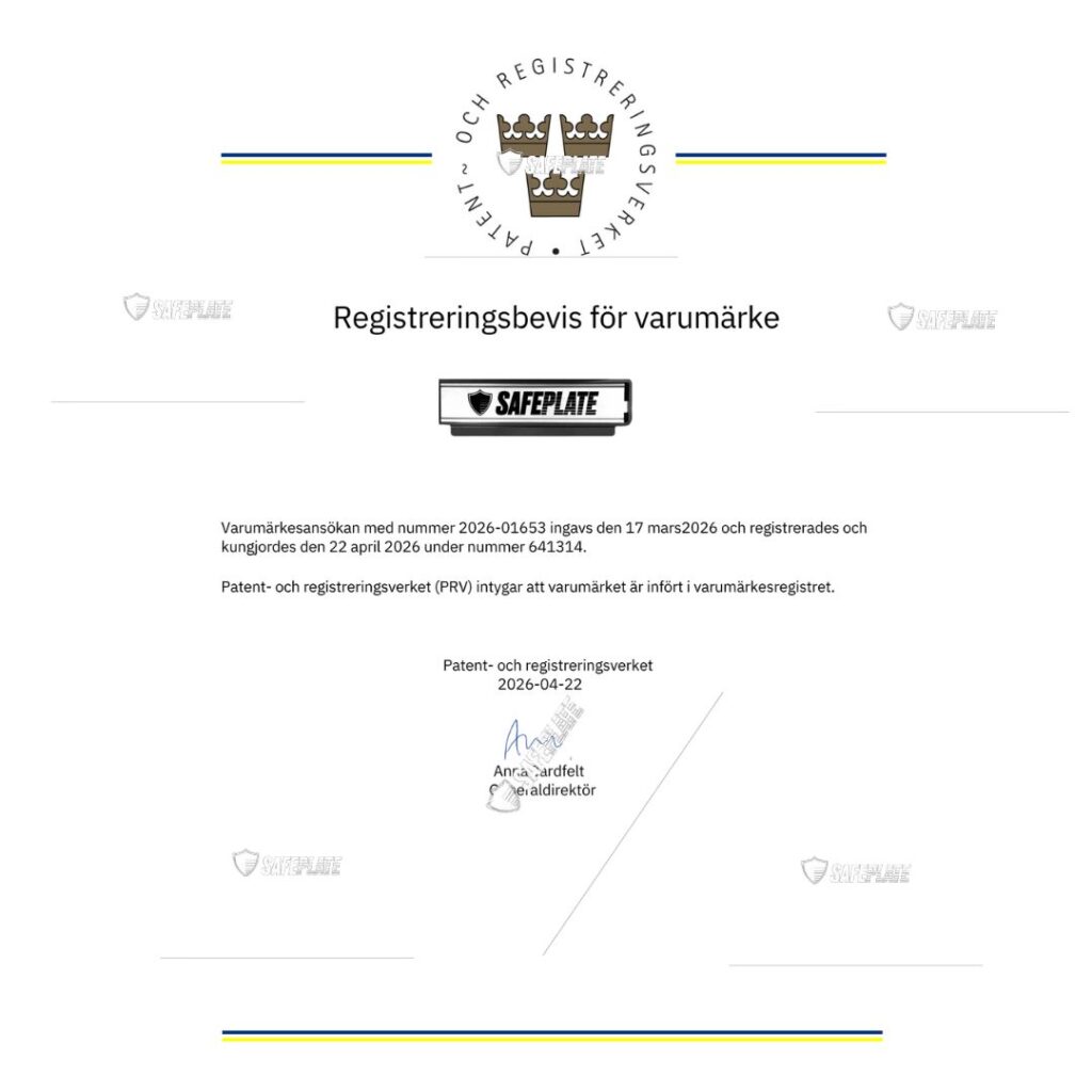 Registreringsbevis för varumärket SafePlate® utfärdat av immaterialrättsmyndighet.
